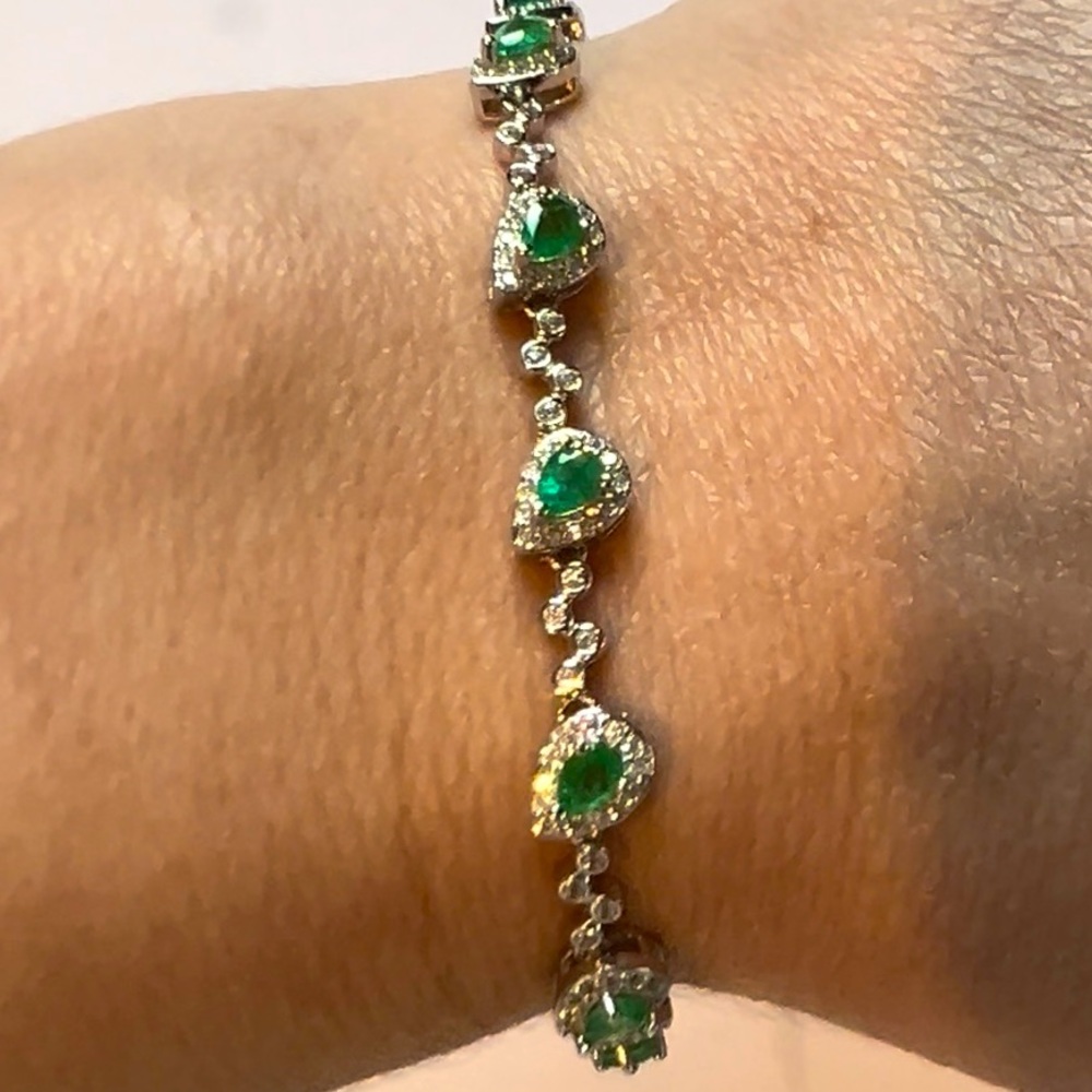 BE1  1.05CT Natural Zimbabwe Kelly Green Emerald Bracelet Rhodium SterlingSilver